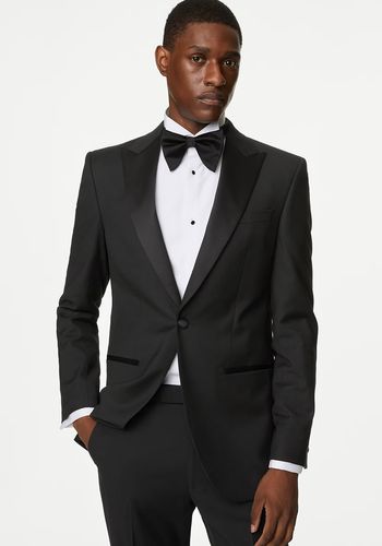  sleek slim fit black tuxedo jacket with added stretch, and satin fabric on the peak lapels