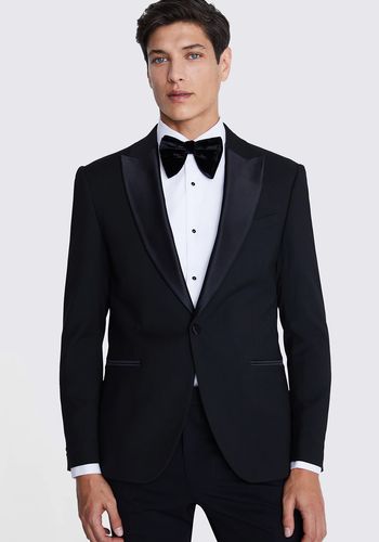 slim fit black tuxedo jacket, featuring peak lapels with silken accents