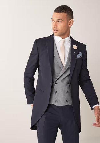  traditional look morning suit jacket, designed in a longer length with a curved front and dipped hem for weddings