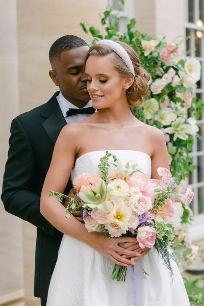 modern elegant Ruston Hall wedding inspiration with tuxedos, pastel flowers and princess wedding dresses