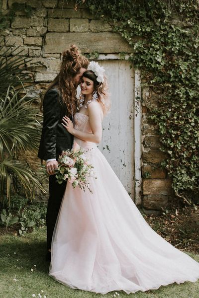 romantic pink strapless wedding dress at Spring Hooton Pagnell wedding inspiration 