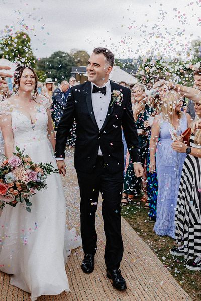 Culden Faw Estate wedding venue with the bride and groom having a confetti exit.