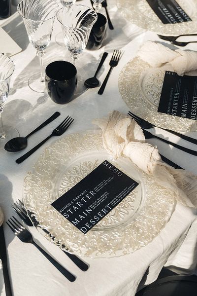 monochrome black and white wedding place setting 