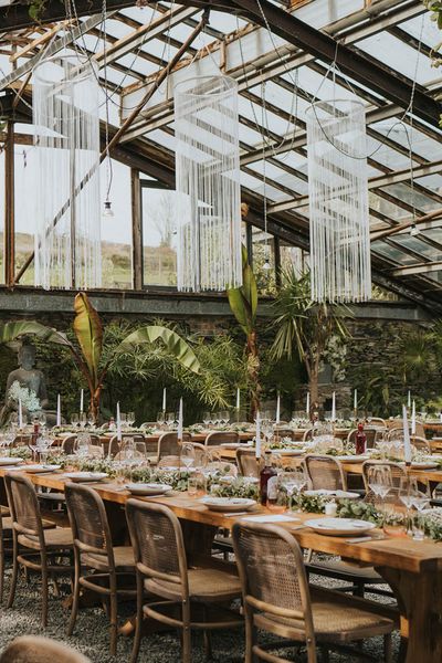 Anran Devon wedding venue decorated with macrame hanging chandeliers