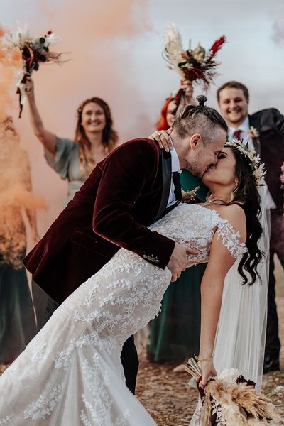 Smoke bomb portrait at Milling Barn wedding.