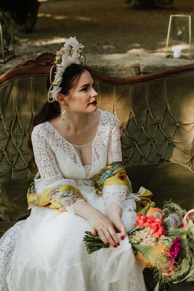 bride in bridal crown and lace wedding dress at italian destination wedding