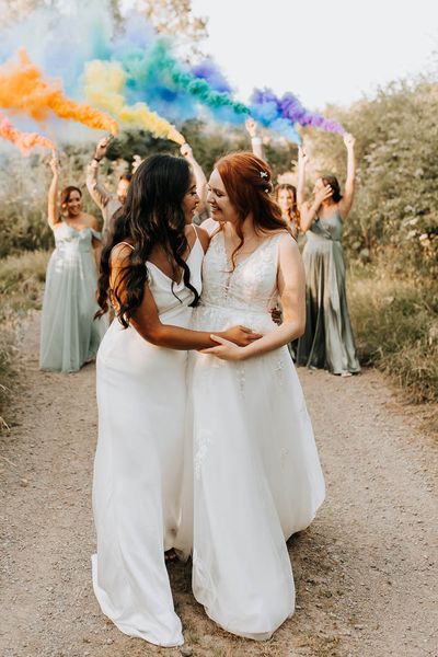 Lyde Court LGBTQI+  wedding with rainbow smoke bombs