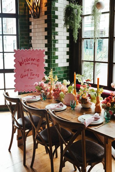 Singer Tavern, London urban wedding with citrus and pink colour scheme, acrylic signs and tropical flowers by Matilda Delves Photography