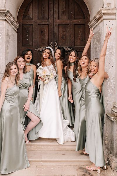 Green mismatched bridesmaid dresses for pastel spring wedding.