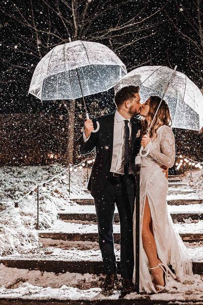 Stone Barn winter wedding in November with snowy setting.