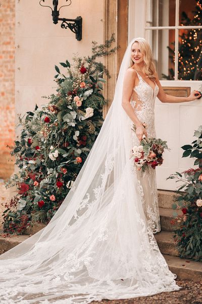 Aswarby Rectory winter wedding with bride in embellished lace wedding dress