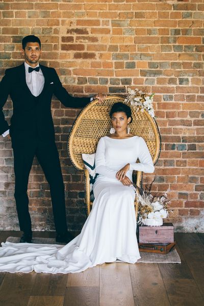 boho black tie wedding inspiration with dried flowers and tuxedos