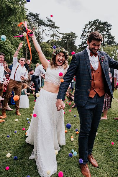 Wedding fest in Loughborough with a pom pom confetti exit!