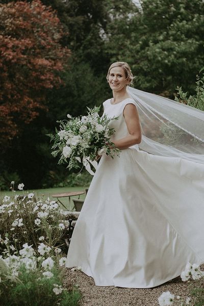 San Patrick wedding dress worn by bride for classic hotel wedding.