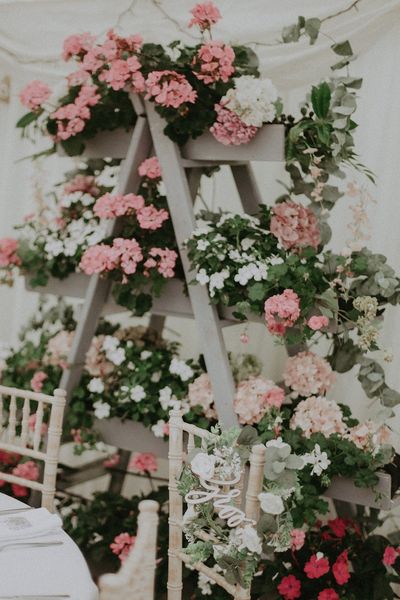 Intimate back garden wedding with white and pink flowers, decor and details