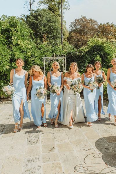 Powder blue bridesmaid dresses at destination wedding in France