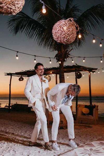 grooms in white summer wedding suits LuxArt Wedding Studio