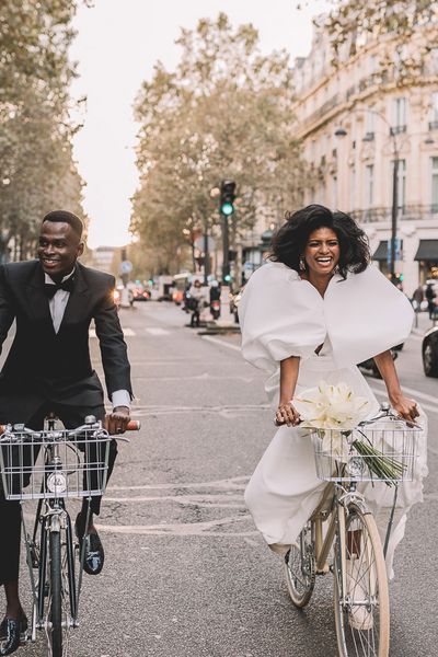 elopement wedding in paris with tuxedo, princes wedding dress and monochrome colour scheme