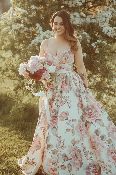 Bride in a hand painted silk wedding dress by Wendy Makin.