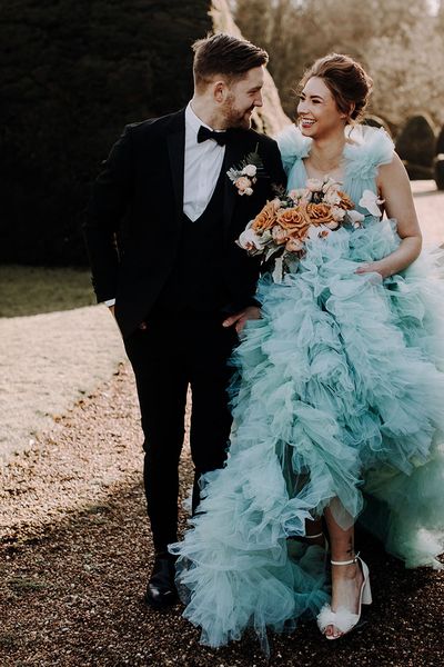 something blue wedding ideas with blue ruffle tulle wedding dress