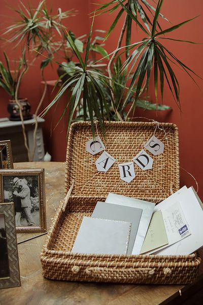 Wedding cards box at traditional country house wedding with cards from guests with gifts