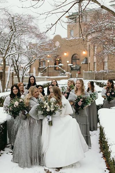 silver winter bridesmaid dresses for snowy gothic cathedral wedding