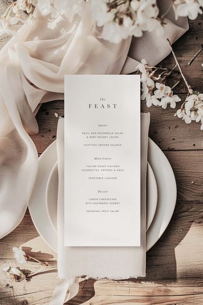 Simple, elegant personalised wedding menu card