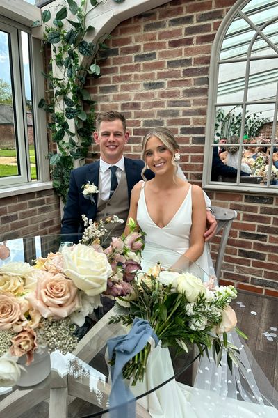 Wedding content of a bride and groom after their ceremony.