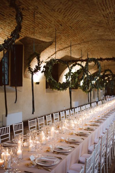 Green & White Bohemian Wedding at Castello di San Sebastiano da Po, Italy | Hanging Hoops Decor | Laure de Sagazan Gown | Margherita Calati Photography