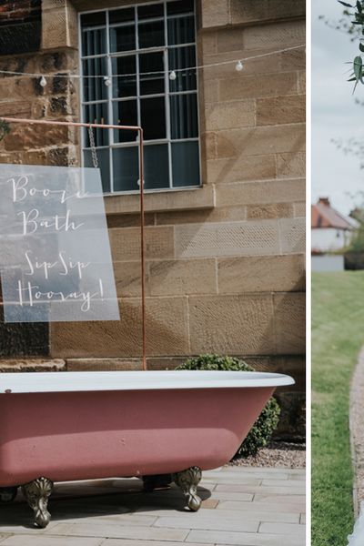 Pink Roll Top Booze Bath and Copper & Perspex Wedding Decor at Industrial Venue The West Mill | Customised Leather Jacket | Rosie Kelly Photography