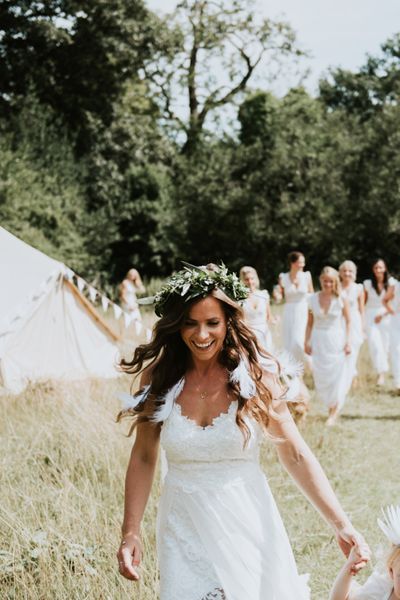 Boho Tipi Wedding With Bride In Hollie Dress By Grace Loves Lace And 12 Bridesmaids In White Dresses