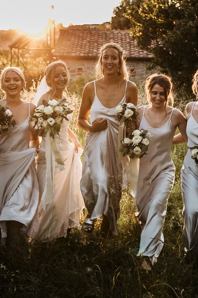 Monastery Wedding at Monastero San Silvistro Cortona Tuscany | David Fielden Bridal Gown | Spaghetti Strap Grey Ghost Bridesmaid Dresses | Joe Burford Photography