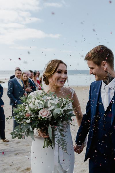 Lusty Glaze Beach Wedding Newquay Cornwall | Lace Long Sleeve Martina Liana Wedding Dress | Blue Jarlo London Bridesmaid Dresses | Alexa Poppe Photography