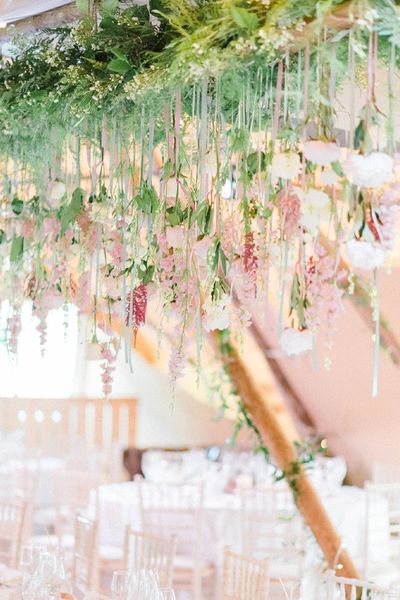 Hanging Flower Installation | Brinkburn Priory | Liz Martinez Wedding Dress | Sarah-Jane Ethan Photography