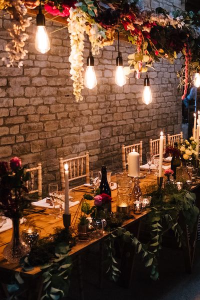 Edison Bulb Floral Installation at Kingsthorpe Lodge Barn | Sassi Holford Bridal Gown | Dessy Bridesmaids Dresses | Johnny Dent Photography