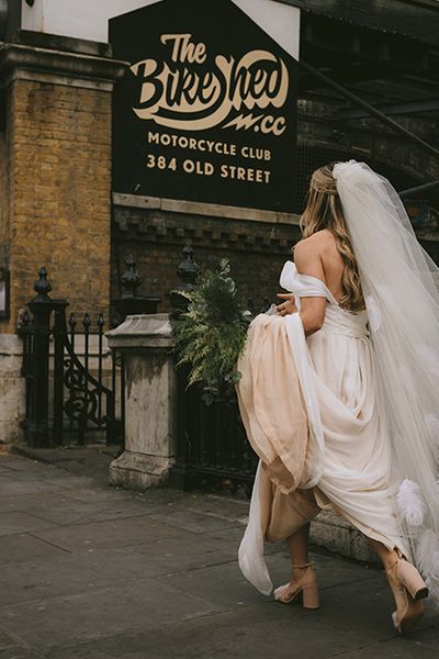 Bike Shed Motorcycle Club Wedding for ELLE Digital Editor | Bespoke Bridal Dress | Paul Smith Suit | Drag Queen | Nigel John Photography