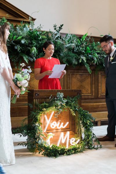 Neon Sign and Marine Green Rewritten Bridesmaids Dresses with Bride in Lace Cape Grace Loves Lace Verdelle Gown, shot by Alain Mbouche