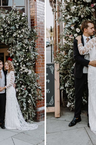 Floral Arch and Bride in Batwing Sleeve Halfpenny Dress for London Pub Wedding at The Star in Highgate, Images by Caitlin + Jones Photography