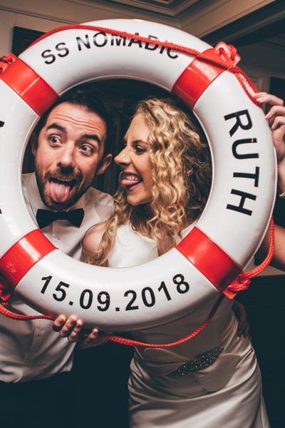 Nautical Wedding on SS Nomadic Boat in Belfast with Black Tie Dress Code and Bride in Jesus Peiro, shot by Sarah Gray Photography