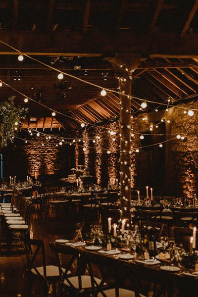 Festoon Light Canopy and Indoor Trees for Humanist Wedding in St Andrews, with Bride in Anne Priscilla Bridal and Groom in Kilt, by Carla Blain Photography