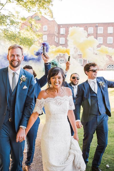 Smoke Bombs and Chinese Paper Fans Backdrop with Bride in Bardot Dress | Watters Wedding Dress | ASOS Bridesmaids Dresses | Twig & Vine Photography