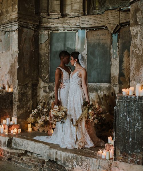 Asylum London Wedding inspiration with Two brides in different wedding dress and dried flower wedding table decor 