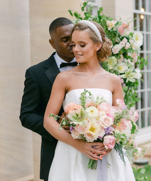 modern elegant Ruston Hall wedding inspiration with tuxedos, pastel flowers and princess wedding dresses