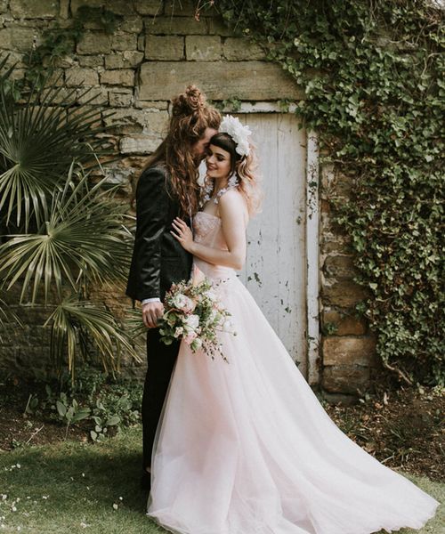 romantic pink strapless wedding dress at Spring Hooton Pagnell wedding inspiration 