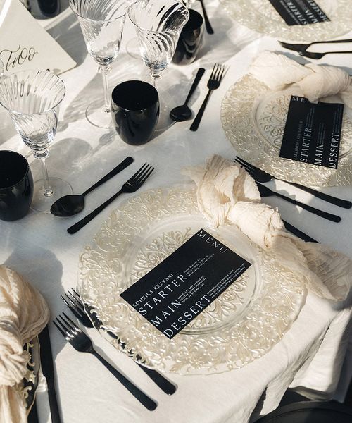 monochrome black and white wedding place setting 