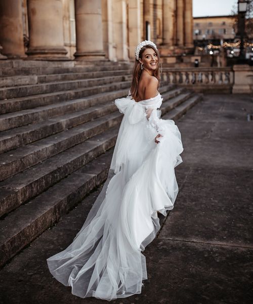 Modern Daniel Chu wedding dresses at intimate Liverpool elopement