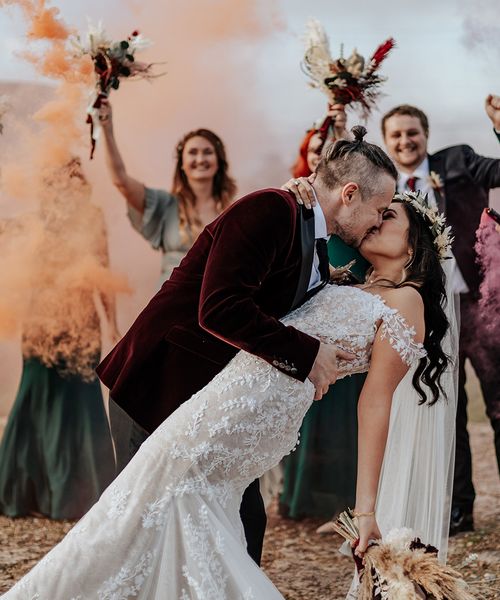 Smoke bomb portrait at Milling Barn wedding.