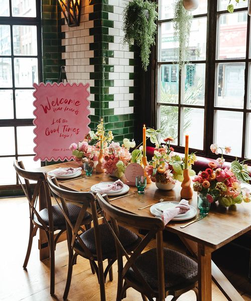 Singer Tavern, London urban wedding with citrus and pink colour scheme, acrylic signs and tropical flowers by Matilda Delves Photography