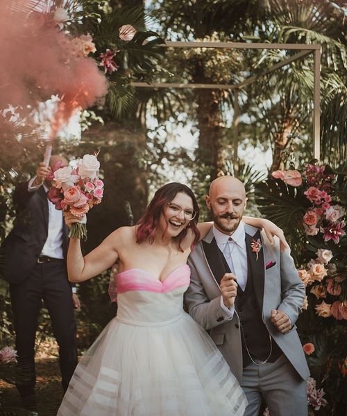 Fun Italian villa wedding with Fuchsia pink details, tropical wedding flowers and smoke bomb wedding photographs by Studio Putino