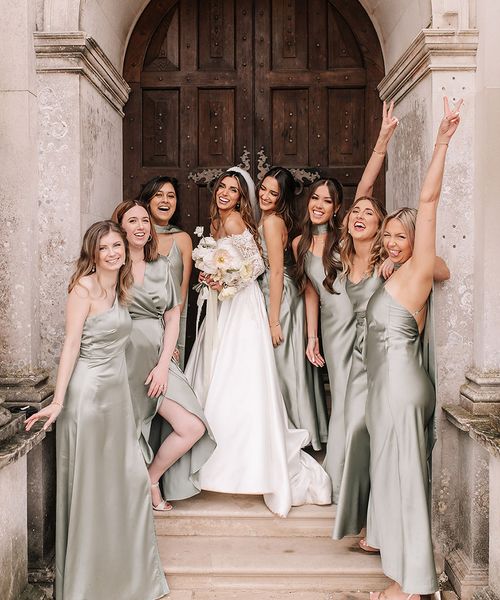 Green mismatched bridesmaid dresses for pastel spring wedding.